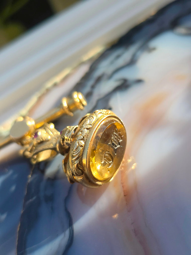 Antique 15k Gold Fob Seal with Ruby Accents & Citrine Intaglio | Indulgems