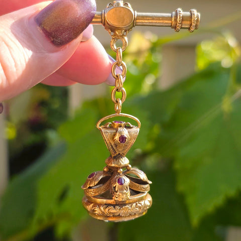 Antique 15k Gold Fob Seal with Ruby Accents & Citrine Intaglio | Indulgems