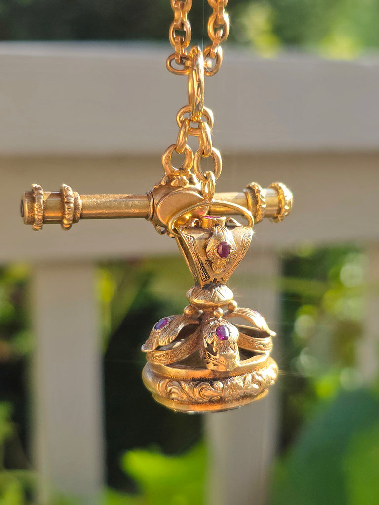 Antique 15k Gold Fob Seal with Ruby Accents & Citrine Intaglio | Indulgems