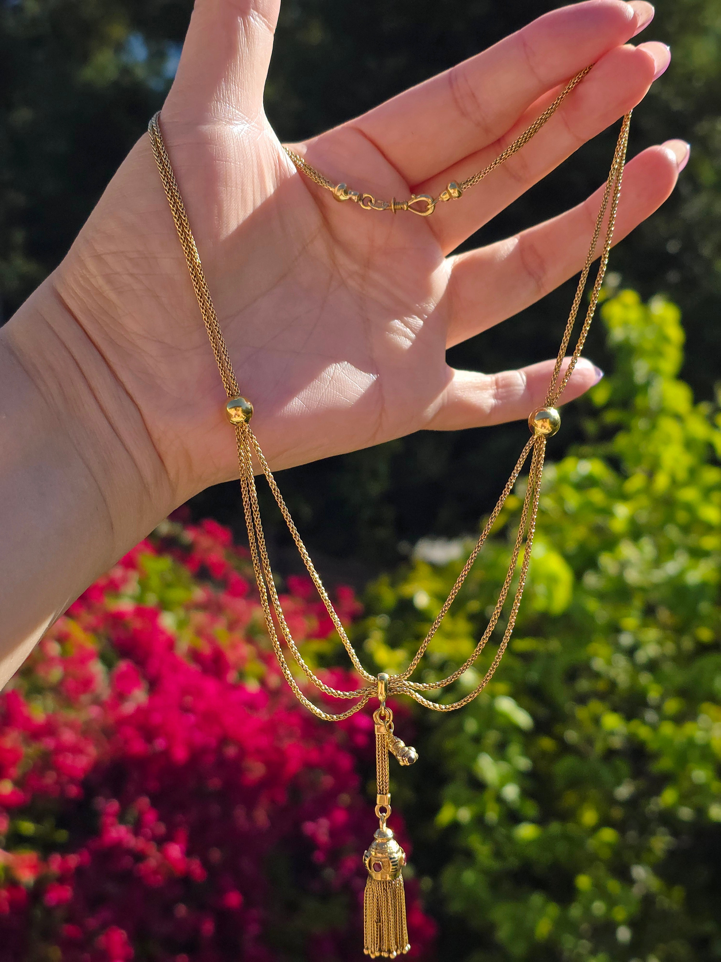 18k Solid Gold French Antique Winding Key Tassel Necklace 18" | Indulgems