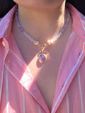 Pink Amethyst, Rainbow Moonstone, Pink Shell Carved Flower Pastel Lilac Gemstone 18K Gold Open Loop Necklace 18"