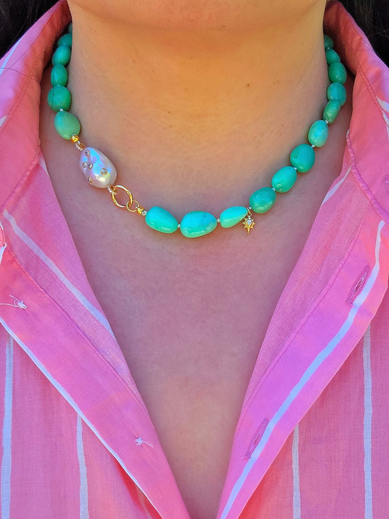 14k & 18k Solid Gold  - Chrysoprase & Freshwater Baroque Pearl Diamond Star Gemstone Necklace 19"
