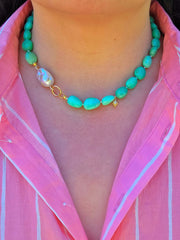 14k & 18k Solid Gold  - Chrysoprase & Freshwater Baroque Pearl Diamond Star Gemstone Necklace 19"