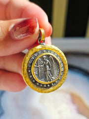 Ancient Coin Nike Deity Replica Diamond Sterling Silver 24K Yellow Gold Large Pendant