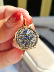 14K Yellow Gold & Oxidized Sterling Silver Disc Pendant with Blue Sapphire and Diamond | Indulgems | Designs in Real Gold