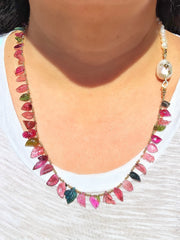 14K Yellow Gold Hand Carved Pink & Green Tourmaline Leaves, Freshwater Baroque Pearl Gemstone Halfsie Necklace 24"