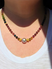 18K Yellow Solid Gold Top Quality Multicolor Tourmaline Necklace with Freshwater Edison Pearl