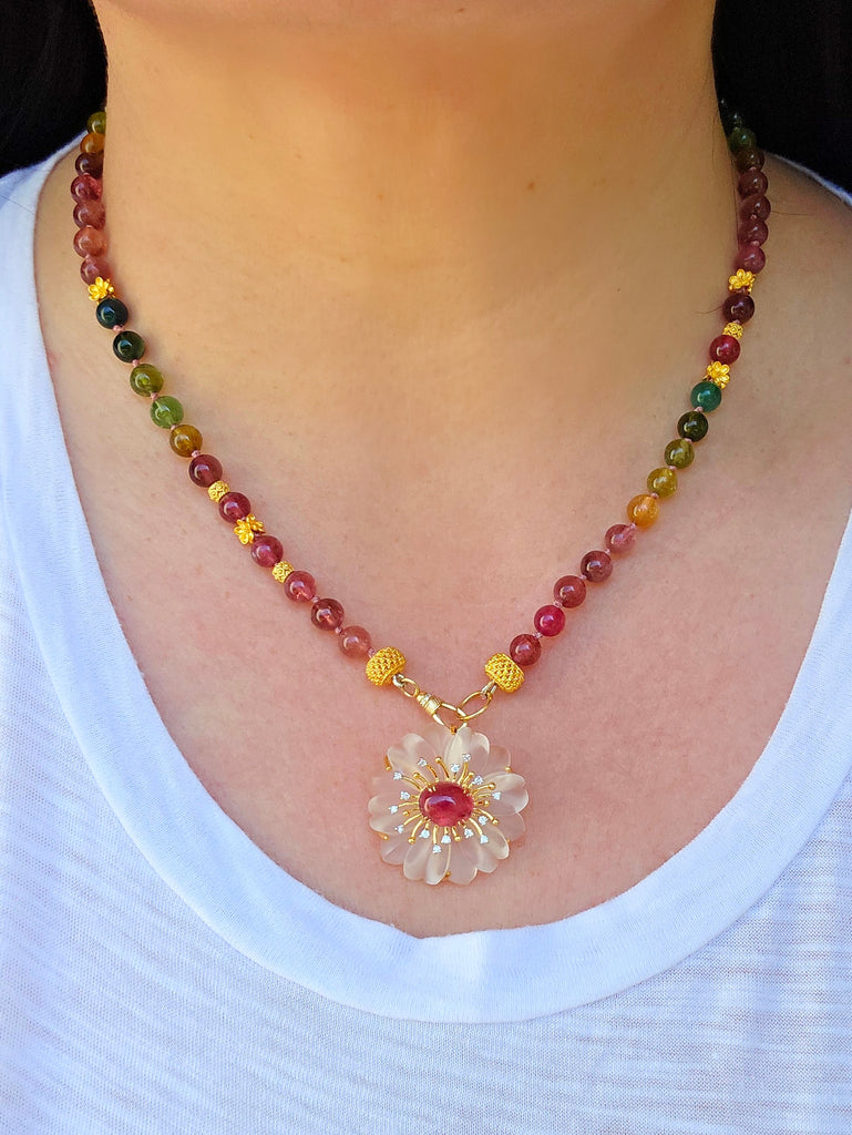 18K Yellow Solid Gold Top Quality Multicolor Tourmaline Necklace with Freshwater Edison Pearl