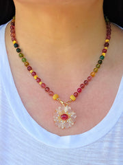 18K Yellow Solid Gold Top Quality Multicolor Tourmaline Necklace with Freshwater Edison Pearl
