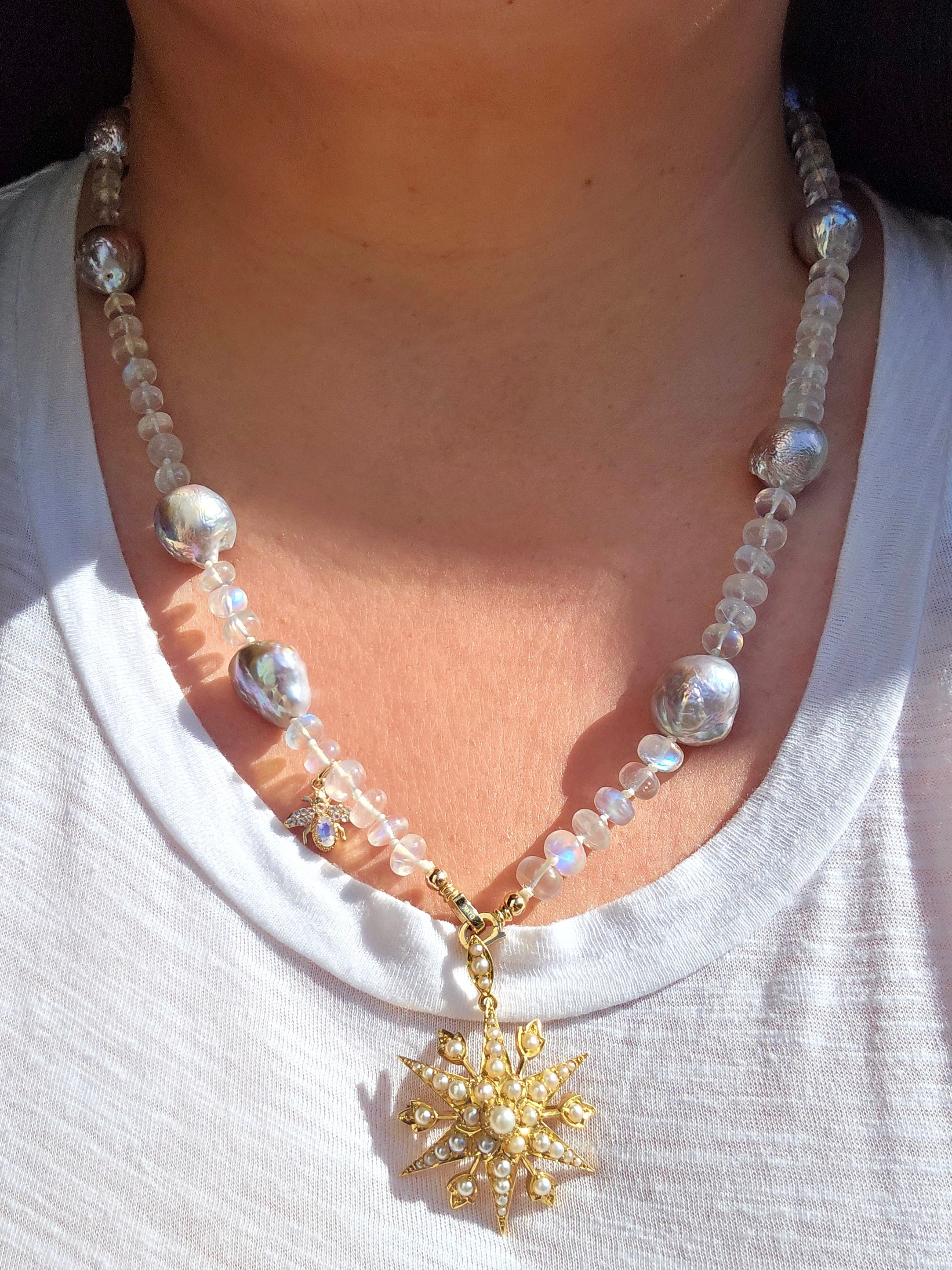 14K Yellow Gold Rainbow Moonstone Freshwater Mermaid Baroque Pearl Diamond Bee Charm Necklace 24"