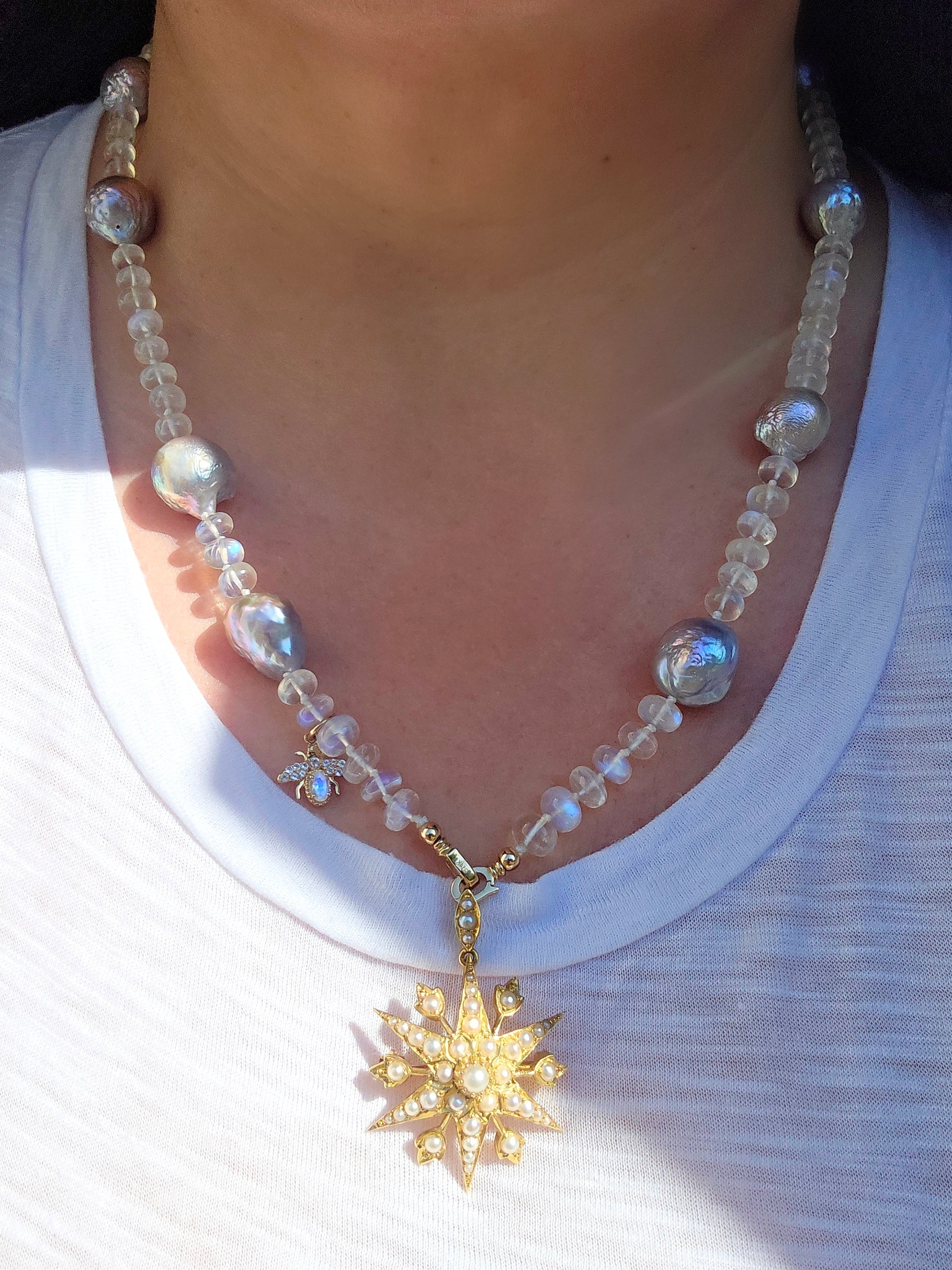 14K Yellow Gold Rainbow Moonstone Freshwater Mermaid Baroque Pearl Diamond Bee Charm Necklace 24"