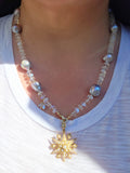 14K Yellow Gold Rainbow Moonstone Freshwater Mermaid Baroque Pearl Diamond Bee Charm Necklace 24"