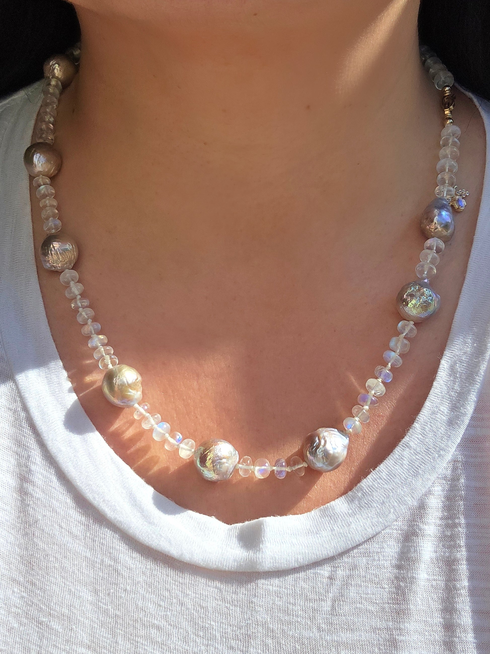 14K Yellow Gold Rainbow Moonstone Freshwater Mermaid Baroque Pearl Diamond Bee Charm Necklace 24"