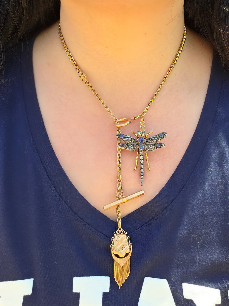 18k Solid Gold & Silver Art Nouveau Antique Dragonfly Brooch with Sapphire and Diamond | Indulgems