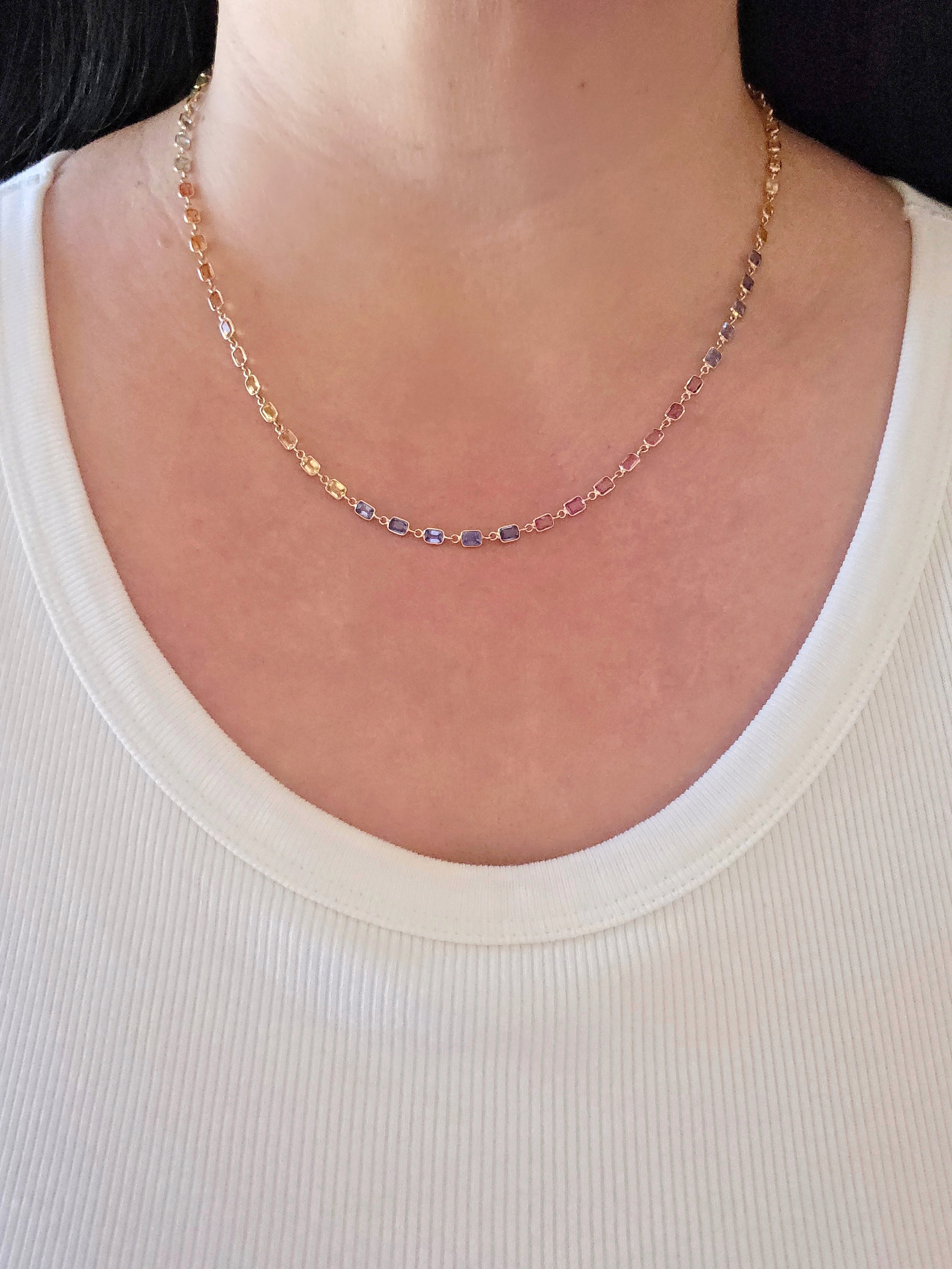 14k Yellow Gold Fancy Sapphire Rainbow Tennis Necklace | Indulgems