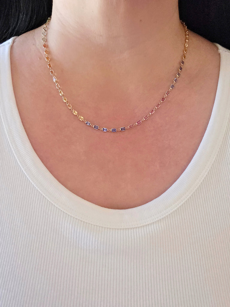 14k Yellow Gold Fancy Sapphire Rainbow Tennis Necklace | Indulgems