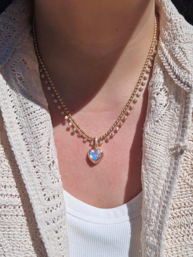 18k Solid Gold Madagascar Rainbow Moonstone Heart Pendant | Indulgems