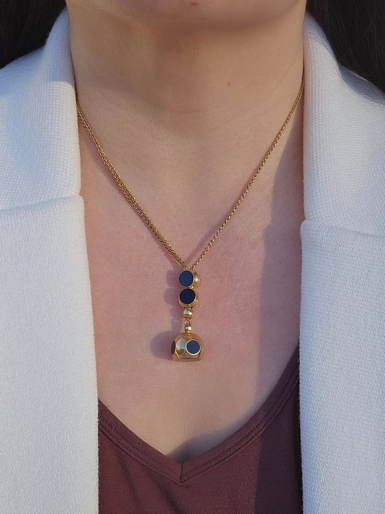 18k Solid Gold Antique Wallet Chain Necklace with Onyx Slides and Pendant |Indulgems