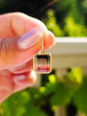 Watermelon Tourmaline & Diamond 18K Gold Gemstone Emerald Cut Pendant