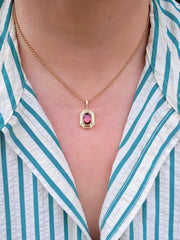 18k Solid Gold Pink Tourmaline & Diamond Shield Pendant | Indulgems