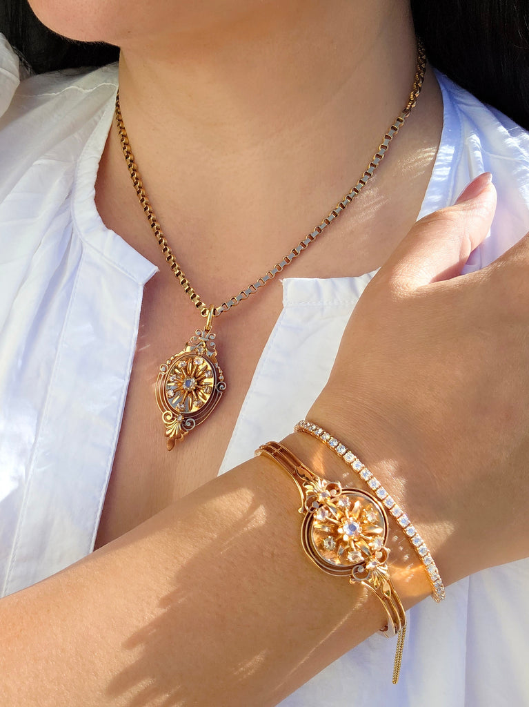 18k Solid Gold Antique Spanish Matching Set Rose-Cut Diamond Bangle Bracelet & Brooch Pendant | Indulgems