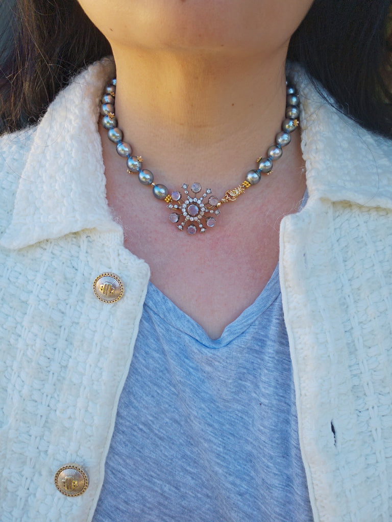 18K Solid Gold Natural Silver Tahitian Pearl Necklace with Small Flowers, Diamonds & Antique inspired Hand Fist Clasp 18"