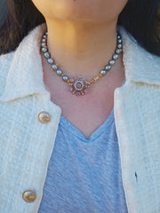 18K Solid Gold Natural Silver Tahitian Pearl Necklace with Small Flowers, Diamonds & Antique inspired Hand Fist Clasp 18"