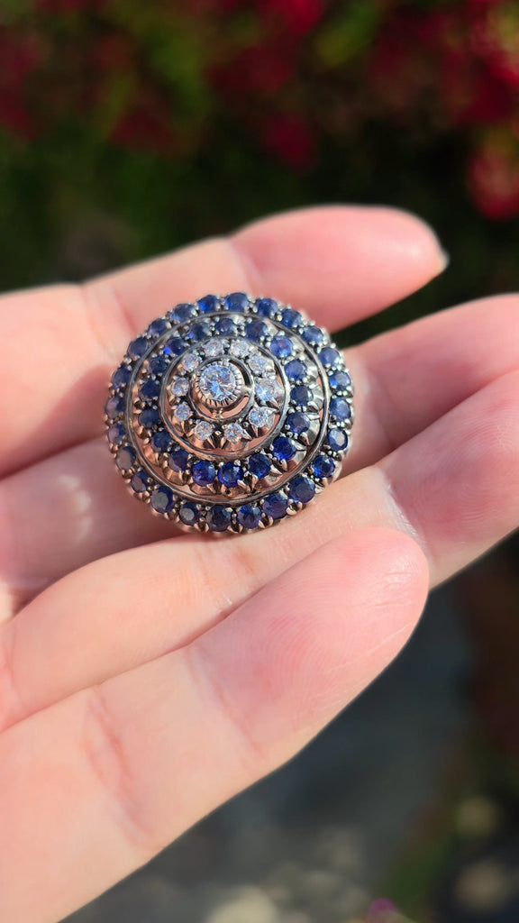 Antique Diamond & Blue Sapphire Brooch in 14k Gold and Silver | Indulgems