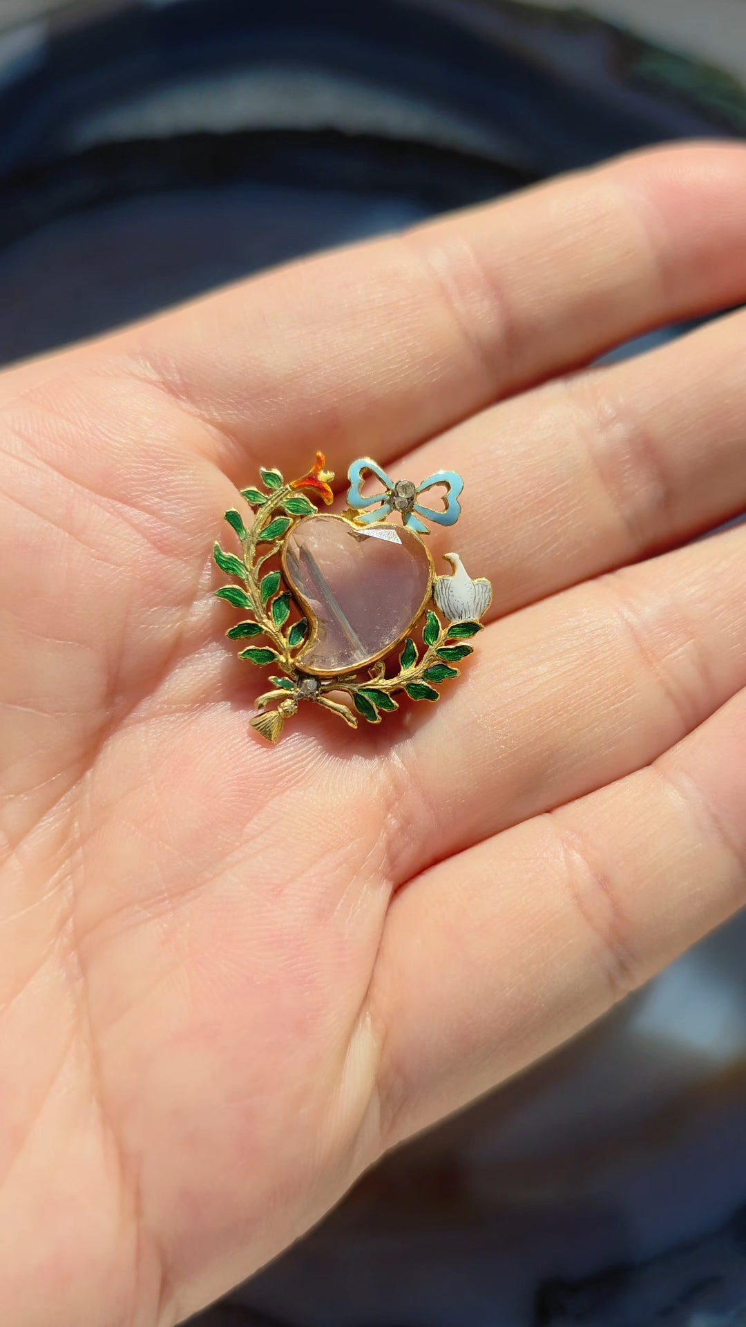 18k Yellow Gold Antique Rock Crystal Locket Brooch with Enameled Leaf Branches, Ribbon Bow & White Dove | Indulgems