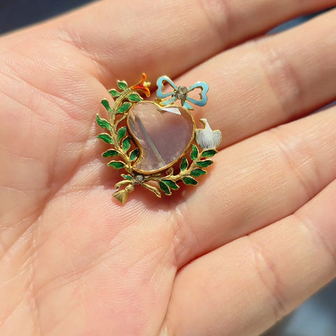 18k Yellow Gold Antique Rock Crystal Locket Brooch with Enameled Leaf Branches, Ribbon Bow & White Dove | Indulgems