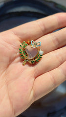 18k Yellow Gold Antique Rock Crystal Locket Brooch with Enameled Leaf Branches, Ribbon Bow & White Dove | Indulgems