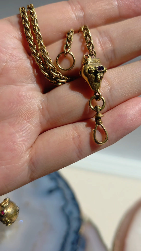 18k Solid Gold Green Enameled Watch Chain Necklace with Ruby Accent | Indulgems | Antique Revival