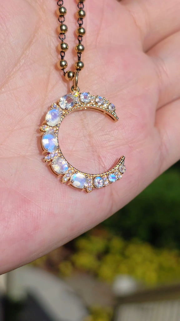 Rainbow Moonstone Gemstone Crescent Moon 14K Yellow Gold Diamond Pendant