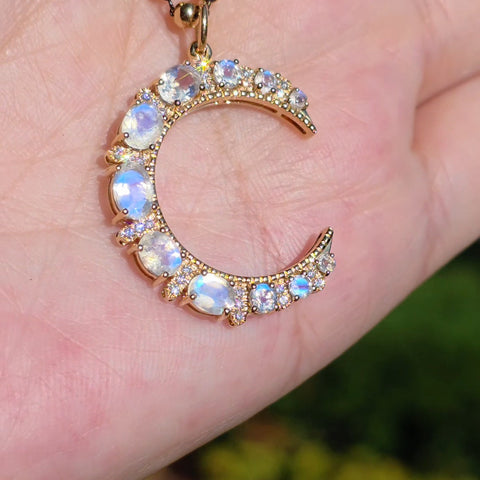 Rainbow Moonstone Gemstone Crescent Moon 14K Yellow Gold Diamond Pendant