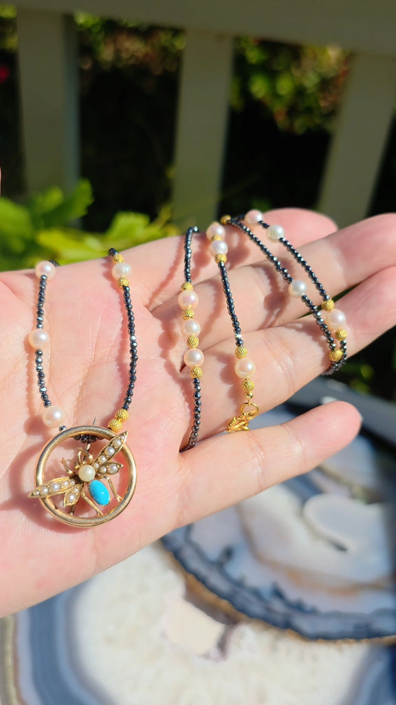 15k Yellow Gold Antique Turquoise & Pearl Brooch Pin | Indulgems