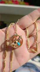 15k Yellow Gold Antique Turquoise & Pearl Brooch Pin | Indulgems