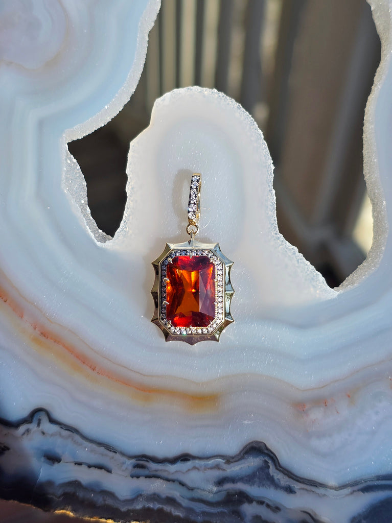 14k Yellow Gold 11ct Hessonite Garnet Pendant | Indulgems | Aurora Halo