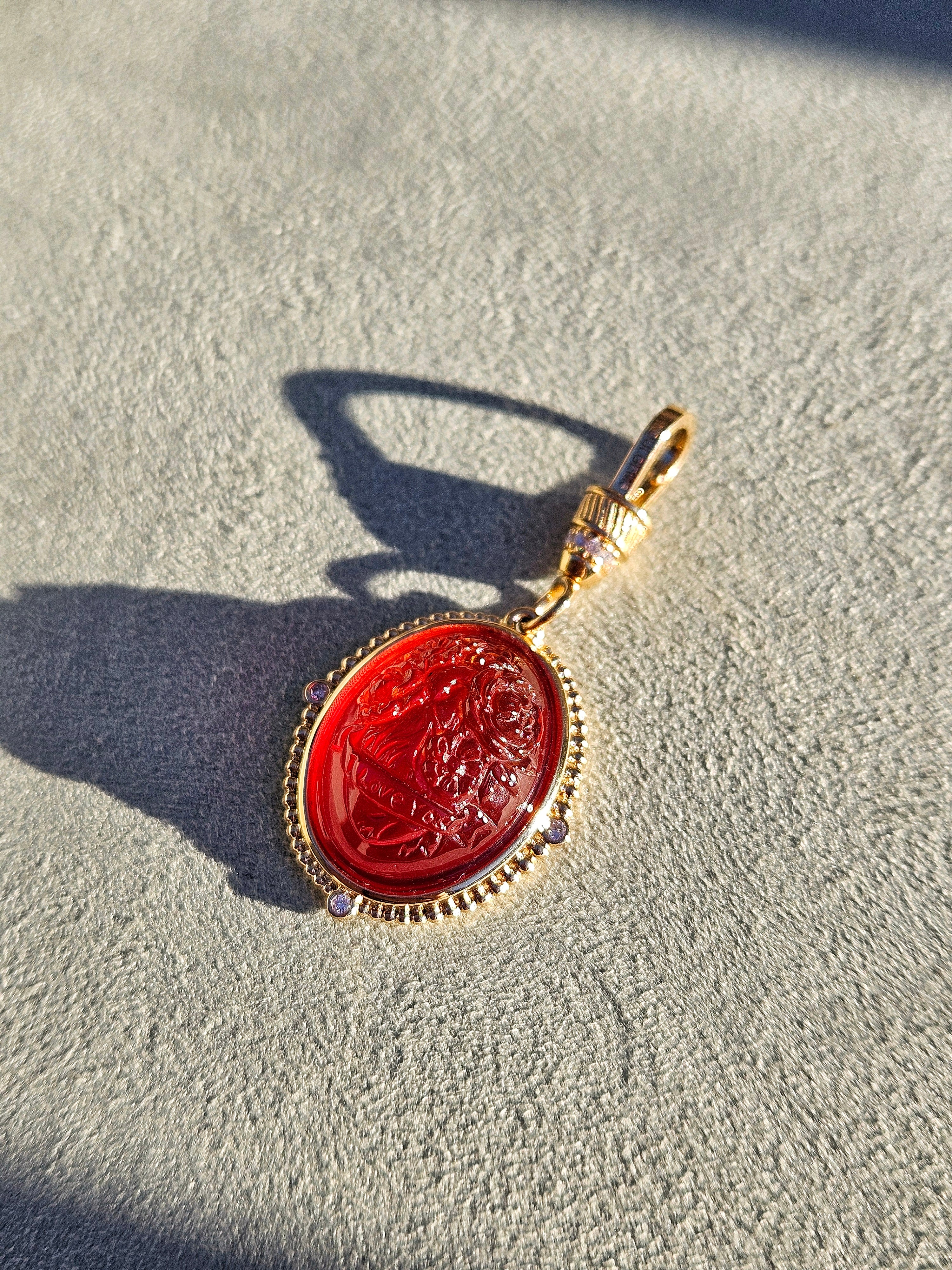 18k Solid Gold Handcarved Red Agate Gemstone Pendant | I Love You | Blooming Heart Motif | Indulgems | Designs in Real Gold | Talisman Collection