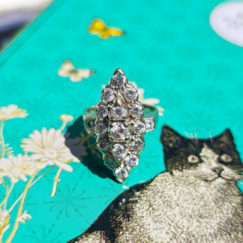 18K Solid White Gold Diamond Navette Ring Size 4.5 | Antique Jewelry | Designs in Real Gold | Indulgems