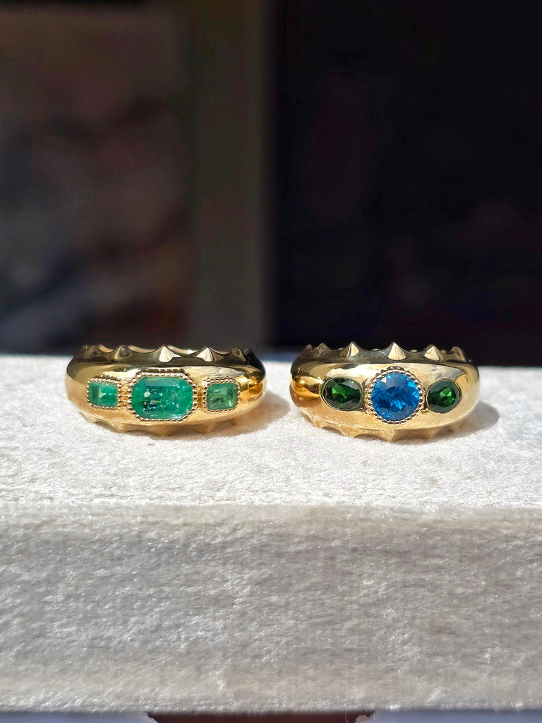 14k Yellow Gold Aurora Band Rings in Emerald & Neon Apatite | Indulgems