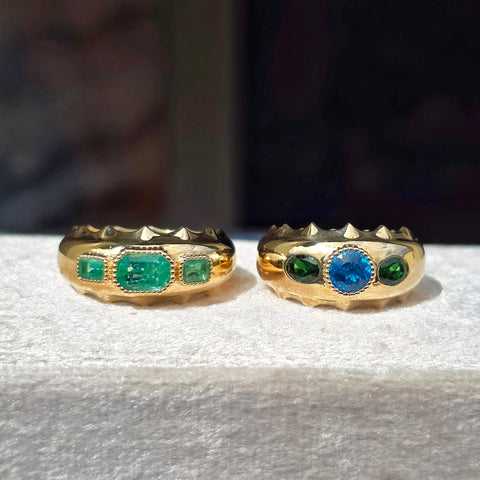 14k Yellow Gold Aurora Band Rings in Emerald & Neon Apatite | Indulgems
