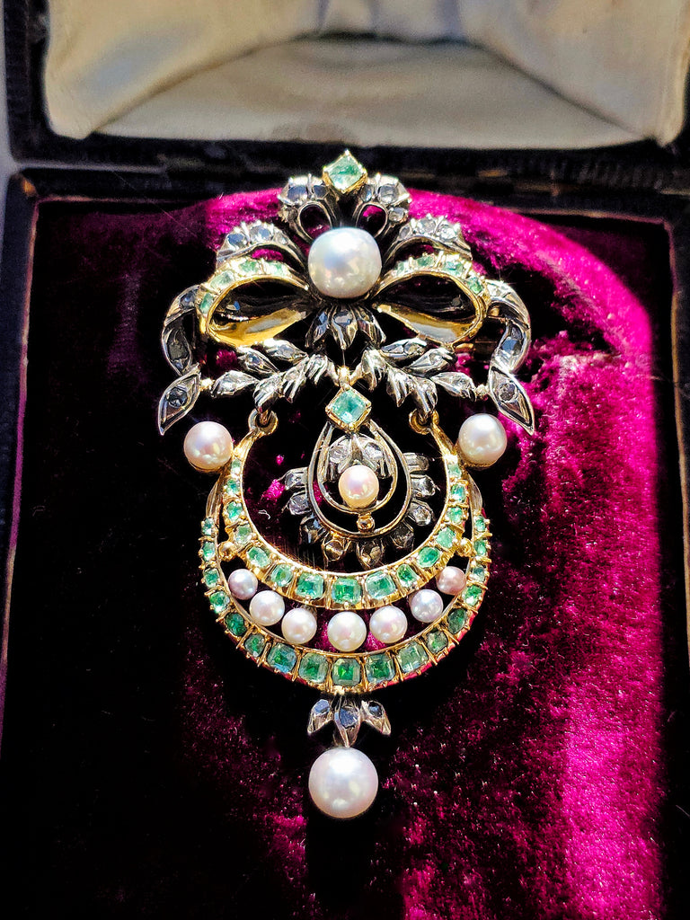 18k Gold & Silver Antique Statement Brooch Pendant with Green Paste, Diamond and Pearls | Indulgems