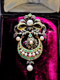 18k Gold & Silver Antique Statement Brooch Pendant with Green Paste, Diamond and Pearls | Indulgems