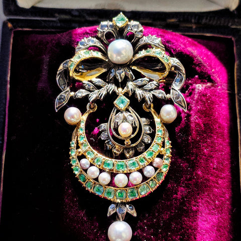 18k Gold & Silver Antique Statement Brooch Pendant with Green Paste, Diamond and Pearls | Indulgems