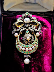 18k Gold & Silver Antique Statement Brooch Pendant with Green Paste, Diamond and Pearls | Indulgems