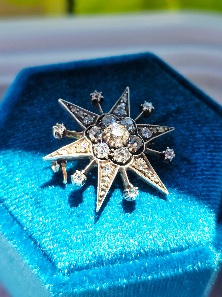 14K Yellow Gold & Silver - Antique Diamond Star Brooch | Indulgems | Designs in Real Gold