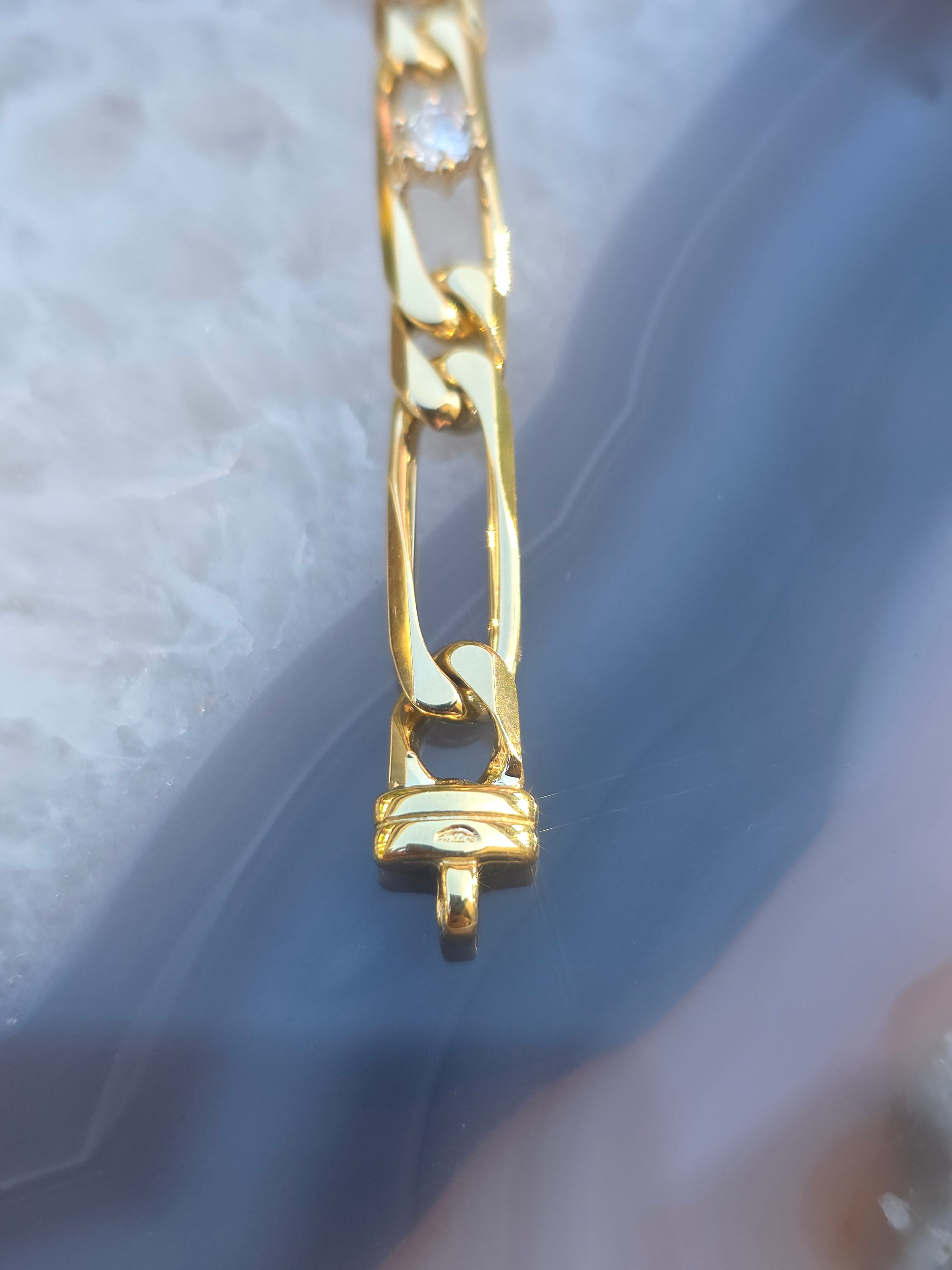 18k Solid Gold French Figaro Link Diamond Bracelet | Indulgems