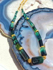 2IN1 - 18K Solid Two-Tone Gold Antique Watch Chain & Natural Green Tourmaline Faceted Barrel Gemstone Necklace