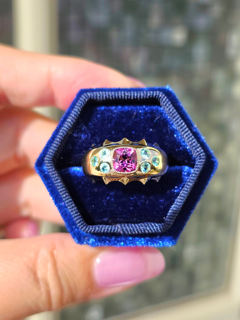 14k Yellow Gold Brazilian Paraiba & Pink Tourmaline Ring Size 7 | Indulgems | Aurora