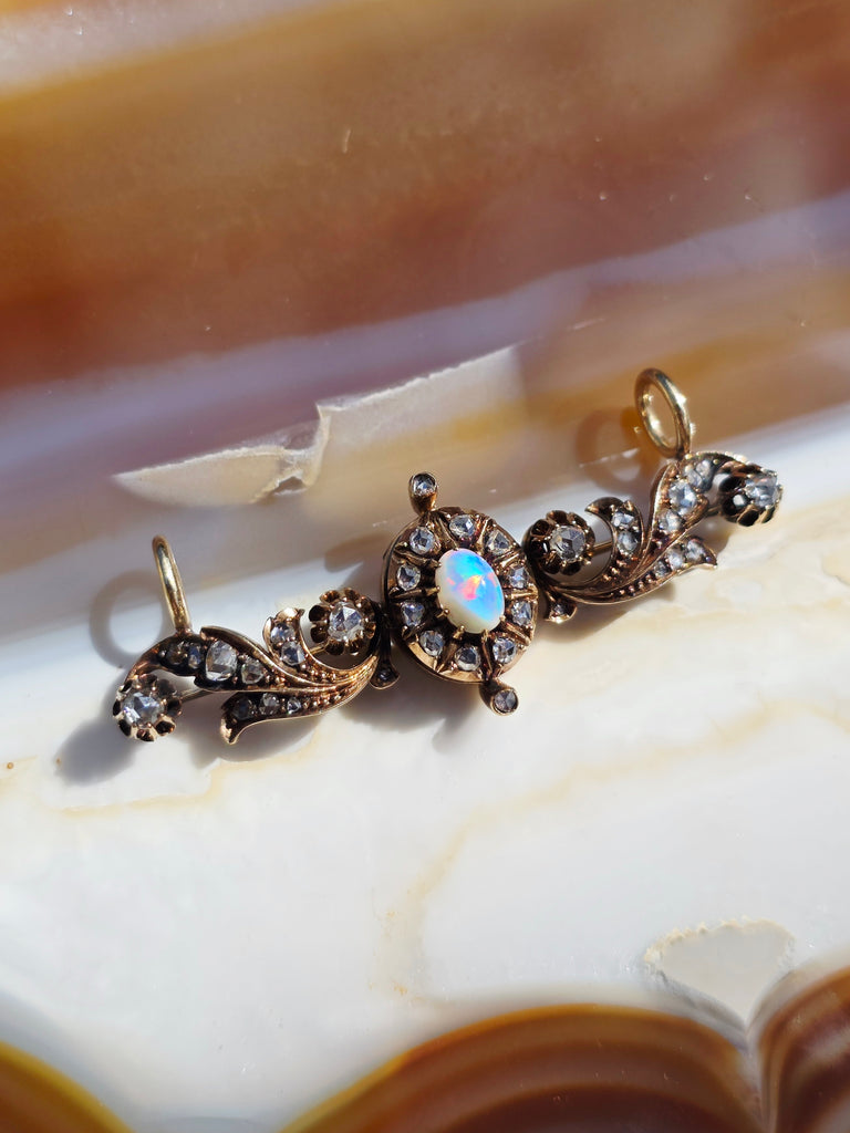 14k Rose Gold Opal & Rose-Cut Diamond Brooch Conversion Pendant | Indulgems | Antique